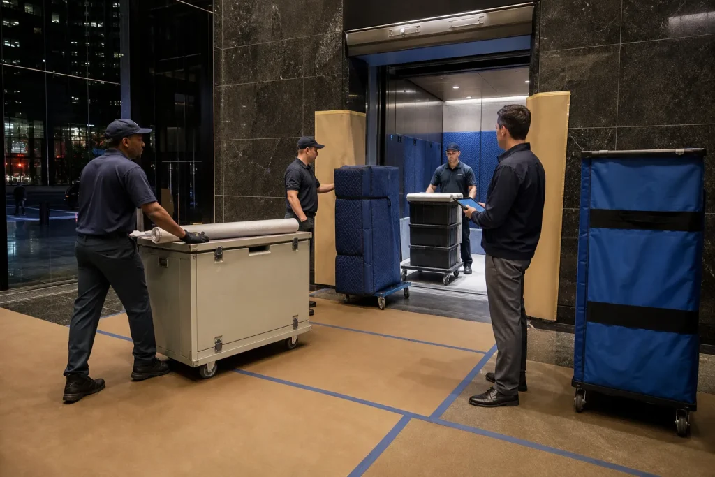 After-hours corporate headquarters relocation at a Manhattan office tower