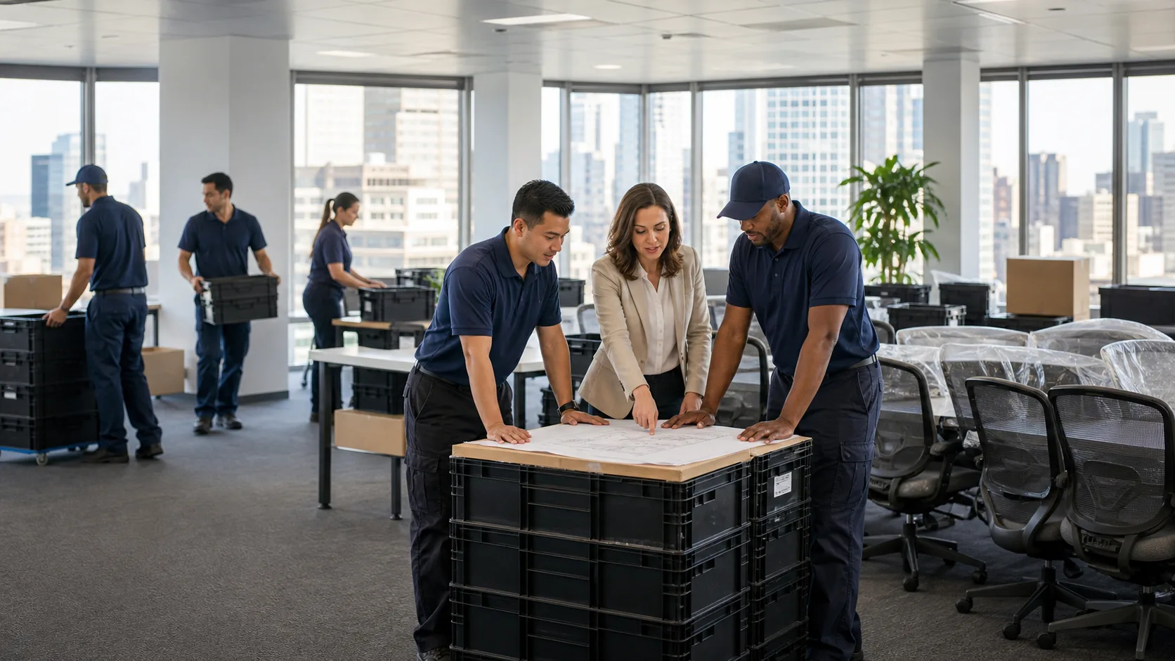 Commercial moving crew planning a large office move in New York City