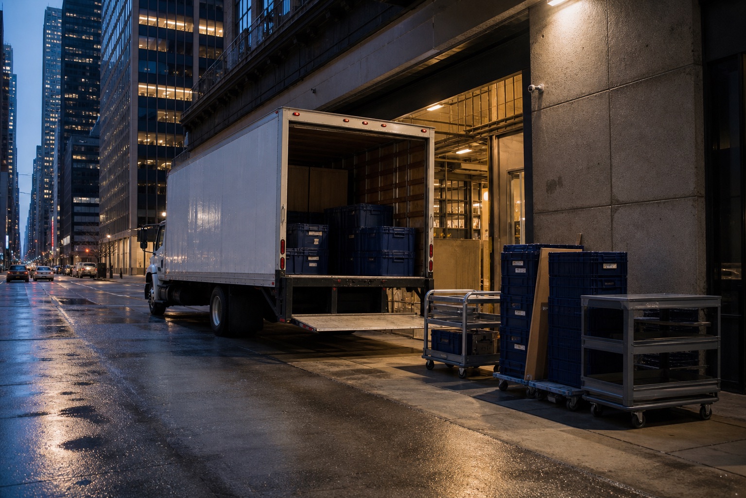 Commercial truck and office moving equipment at a Manhattan loading dock