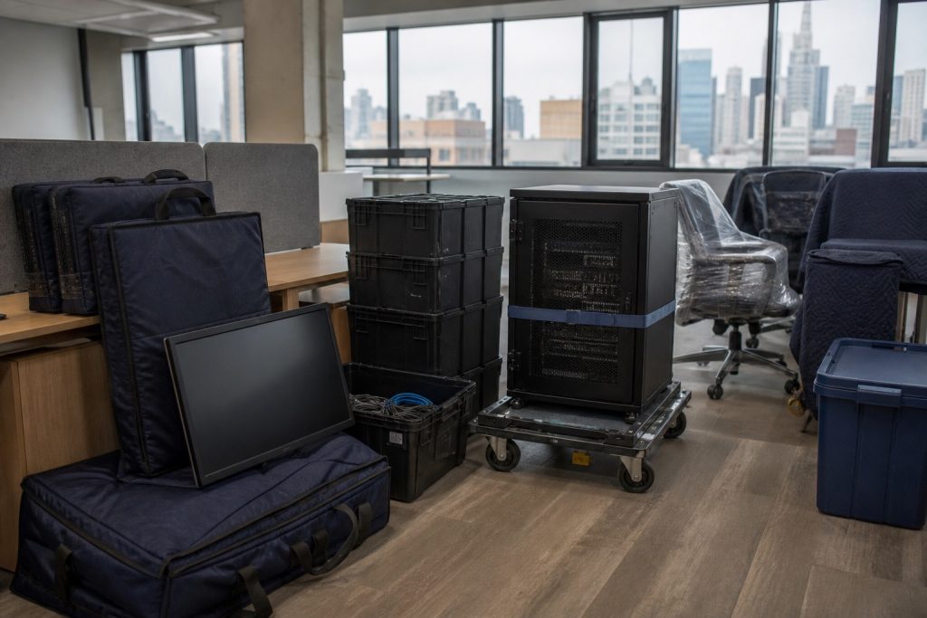 Protected computers and office equipment staged for an NYC relocation